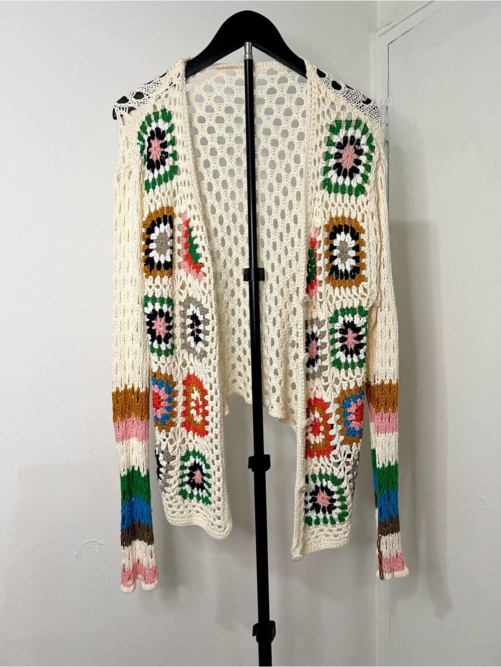 Boho Crochet Granny Square Cardigan Colorful Knit Sweater